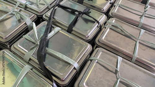 Large volume of finished stainless steel food-grade containers tightly stacked and bundled with black and green plastic straps for shipment preparation. Manufacturing concept