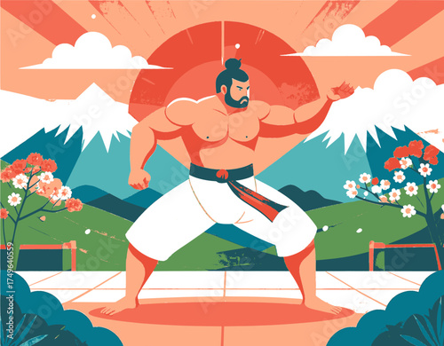 Minimalist Vector Illustration of Traditional Sumo Wrestler in Dynamic Pose and Japanese Landscape.