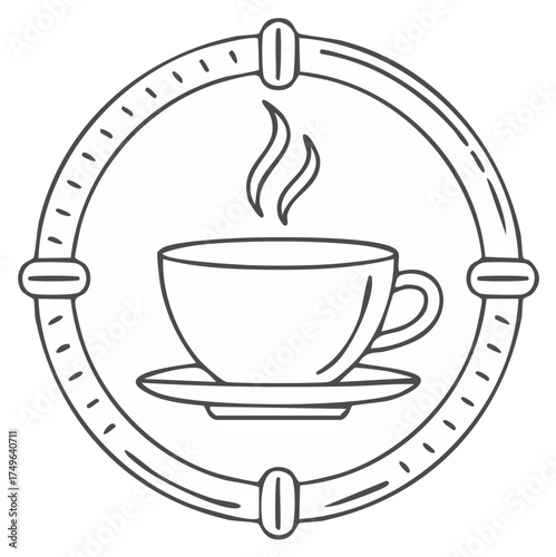 Steaming Cup of Coffee in Circular Emblem with Decorative Markers