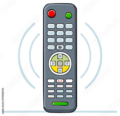 Cartoon illustration of a television remote control with buttons sending a wireless signal