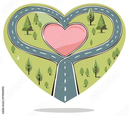 Heart shaped road splits into two paths with trees and a central pink heart symbol