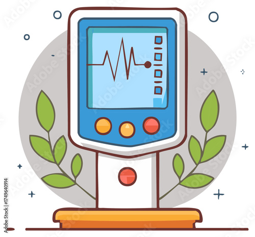 Cartoon medical monitor displaying heart rate graph and vital signs with leaves and dots