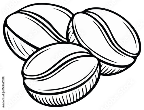 Stylized Coffee Beans Illustration, Roasted Arabica Seeds, Brewing Ingredient, Outline Black and White, Coffee Design