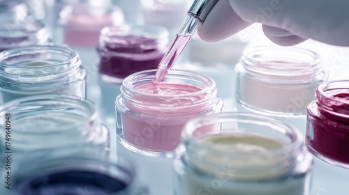 A close-up of a hand using a dropper to extract colorful substances from jars, showcasing various shades of creams and gels.