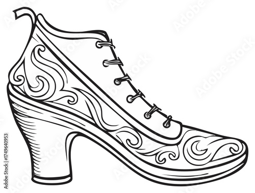 Elegant high heeled boot illustration with decorative patterns in a black and white style