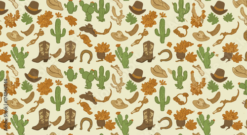 Seamless western pattern with cowboy boots hats cactuses and other desert elements