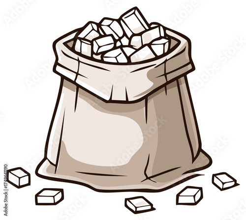 Bag of sugar cubes spilling onto a white background