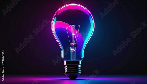 Luminous Idea: A radiant bulb illuminated by vibrant neon hues, symbolizes the spark of innovation. Capturing an atmosphere of creativity and brilliant insight.