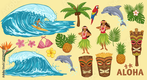 Vibrant Hawaiian Vacation Elements Set with Surfer, Hula Dancers and Tropical Motifs