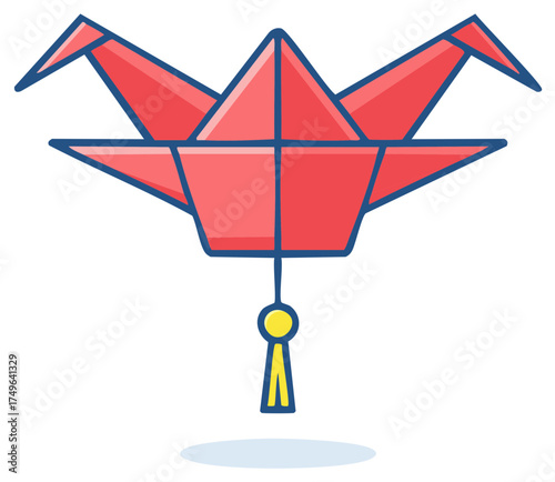 Red origami crane paper art with blue outline and decorative tassel