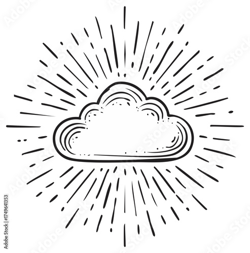 Hand drawn vintage cloud with sunburst rays. Heavenly sketch illustration for hope or divine concepts.