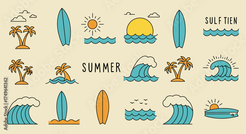 Vibrant Summer Icons Collection: Beach, Surf, and Tropical Elements Vector Design