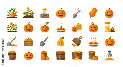 A delightful collection of charming pumpkin-themed illustrations for autumn and Halloween celebrations