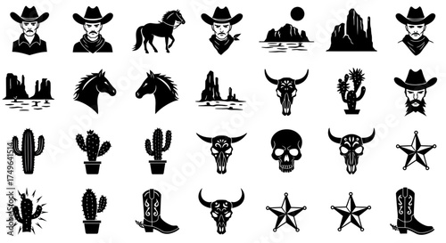 Vintage Wild West Black and White Vector Silhouette Icons Collection Design