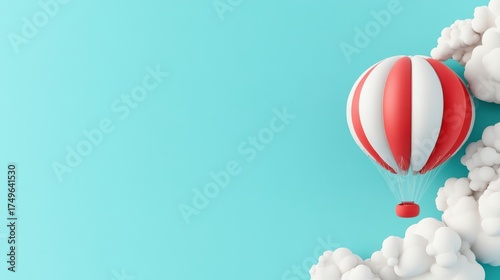 Whimsical Red and White Hot Air Balloon Floating Among Fluffy Clouds on a Serene Light Blue Background, Dreamy Sky Adventure Concept