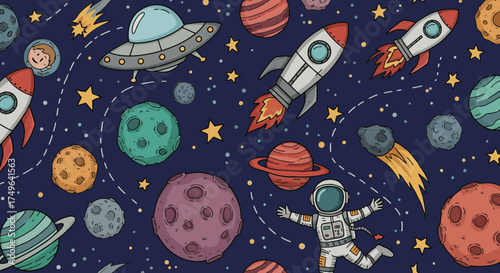 Whimsical hand-drawn space adventure scene with planets, rockets, and astronaut characters