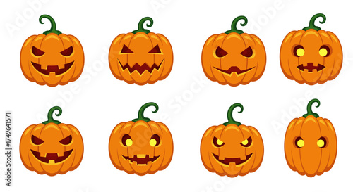 A diverse set of cartoon jack-o'-lanterns with glowing spooky faces, perfect for Halloween decorations