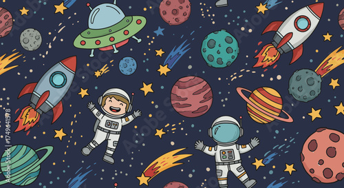 Whimsical Space Adventure: A Seamless Pattern of Astronauts and Celestial Objects