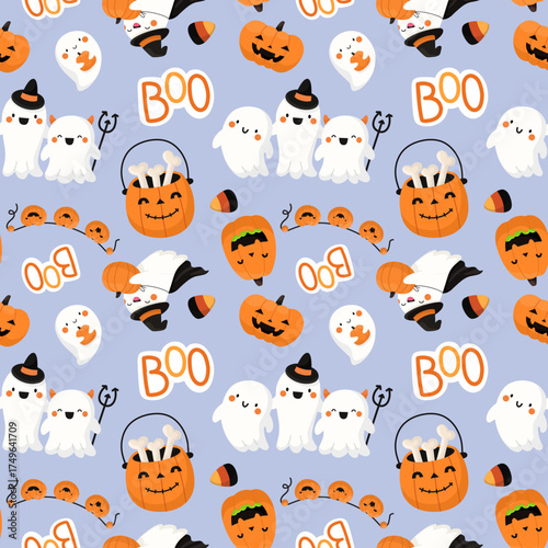 Seamless Halloween pattern with cute ghosts and pumpkins. Festive background