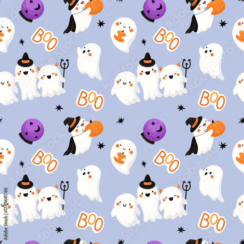 Seamless Halloween pattern with cute ghosts and pumpkins. Festive background