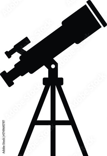 Minimal vector silhouette, telescope on tripod pointed toward sky, side profile, solid black silhouette