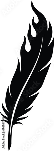 phoenix feather with gentle curve and flame-like barbs, solid black silhouette