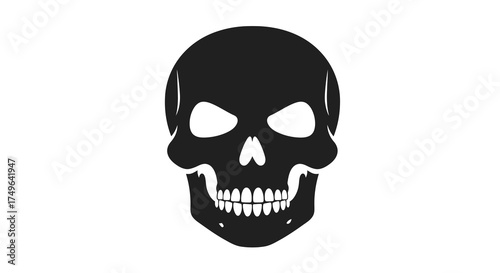 A stark and impactful black silhouette illustration of a human skull, presented front-facing as a universal symbol of mortality, peril, or even a gothic aesthetic