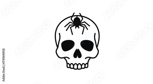 Stylized black and white vector illustration featuring a detailed human skull with a menacing spider resting on its cranium, ideal for dark themes, horror, and Halloween graphics