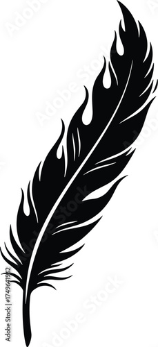 phoenix feather with gentle curve and flame-like barbs, solid black silhouette