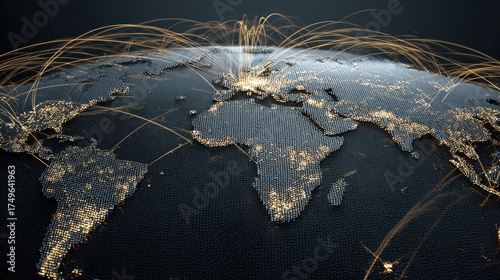 Global Connections: An illuminated world map showcasing interconnected networks, symbolizing the intricate web of global communications, data flow, and international relations.