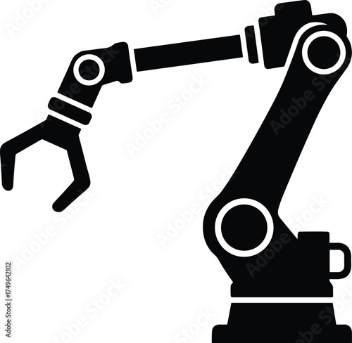 robotic arm with claw grip extended, industrial design, side profile, solid black siilhouette
