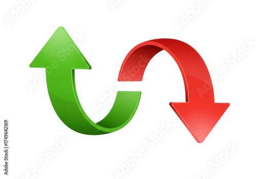This illustration depicts a green arrow pointing upwards and a red arrow pointing downwards, symbolizing contrasting directions. The image is set on a white background.