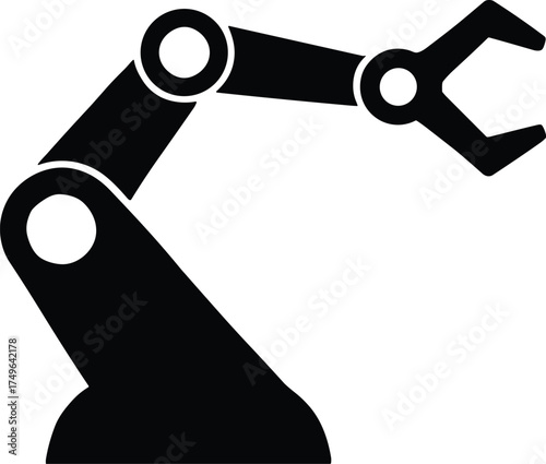 robotic arm with claw grip extended, industrial design, side profile, solid black siilhouette