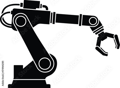 robotic arm with claw grip extended, industrial design, side profile, solid black siilhouette