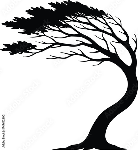 wind-blown tree with curved trunk and sparse branches, side view, solid black sillhouette