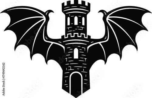 castle tower fused with dragon wings, fantasy hybrid structure, front view, solid black sillhouette