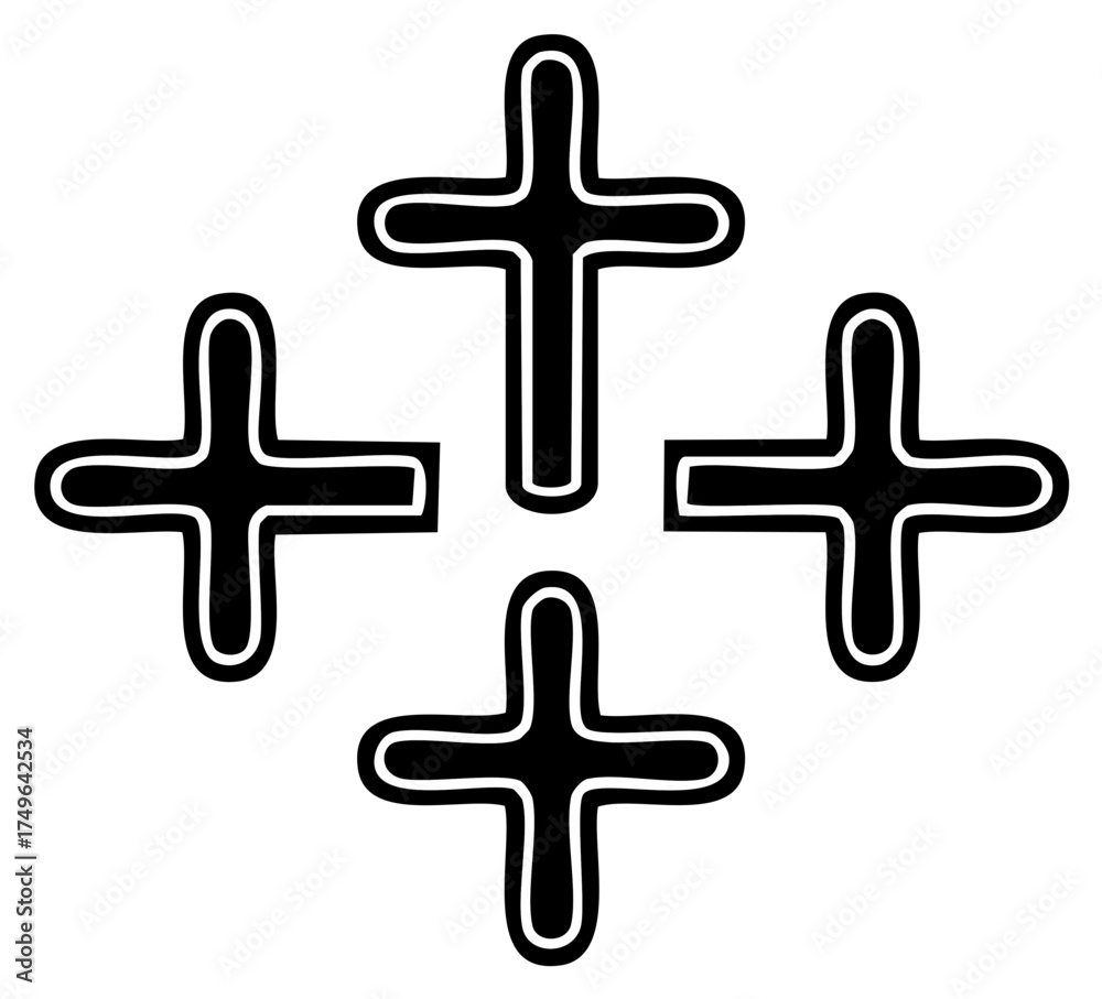 Obraz premium Four stylized black Christian crosses with white outlines arranged in a symmetrical pattern