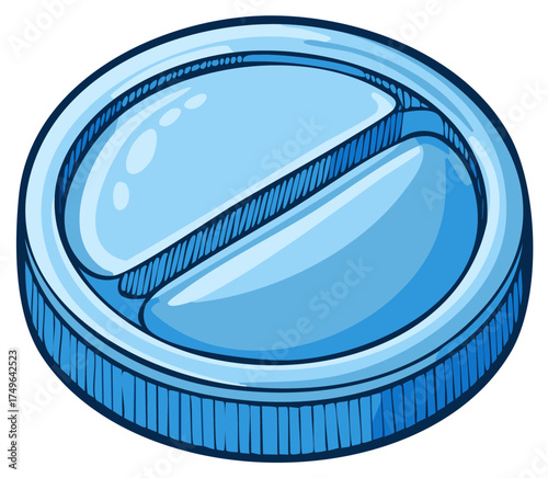 Bright blue round medical pill or tablet with a scored line cartoon illustration