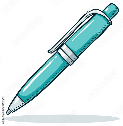 Cartoon illustration of a turquoise ballpoint pen with a shadow.