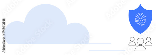 Large cloud symbol, shield with fingerprint for safety, and three user icons. Ideal for cybersecurity, cloud storage, protection, privacy, authentication, technology and modern IT simple flat