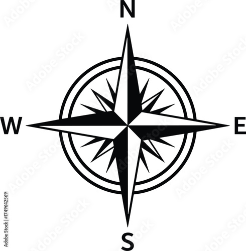 compass rose with pointed cardinal directions, geometric symmetry, solid black silhouette
