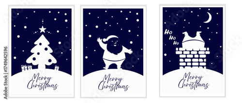 Set Christmas cards, with Christmas tree, Santa and one with Santa climbing into a chimney dark blue and white vector design