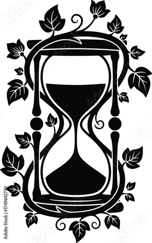 hourglass entwined with vines and leaves, time and nature theme, solid black silhouette