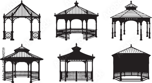 Ornate Victorian gazebos and pavilions in silhouette vector