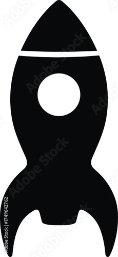 hourglass-shaped astronaut rocket with fins and window, side profile, solid black silhouette