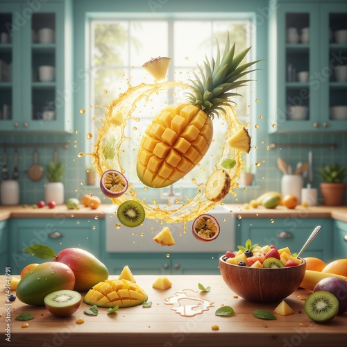Colorful splash of pineapple and fruits promoting healthy lifestyle in a bright kitchen, food blogs visual content, trendy healthy diet blogs, eco free,  live products promotion