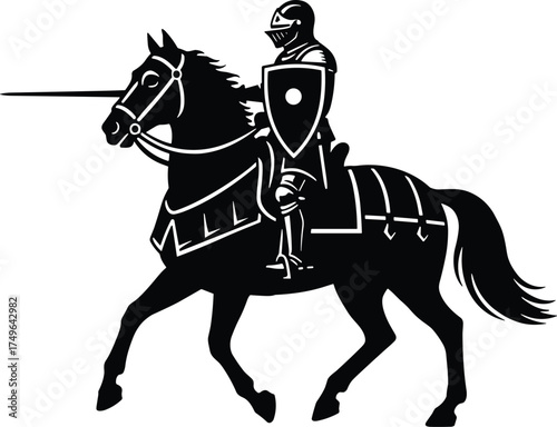 knight on horseback holding lance, side profile, solid black silhouette