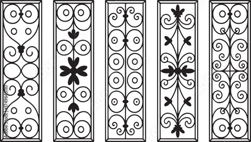 Ornate decorative panels with floral and geometric motifs wrought iron black and white