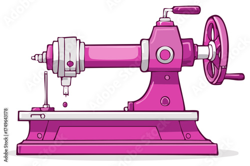 Cartoon illustration of a pink sewing machine with a hand crank and stylized design