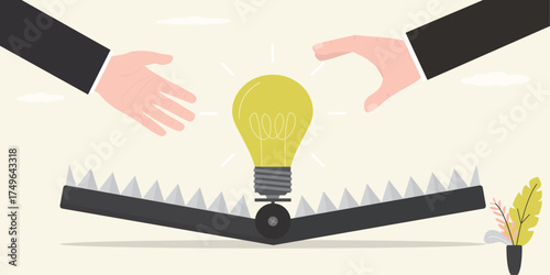 Businessman hands catching light bulb from animal trap. Business idea trap concept. False idea, bait for losers and gullible people. Deception and fake. Failed Innovations.